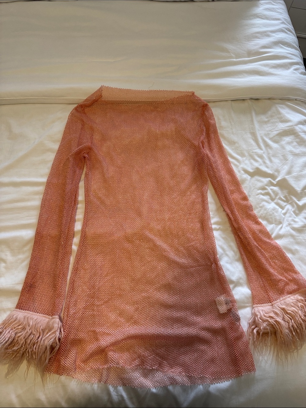 Sheer Pink Long-Sleeve Mesh Dress with Feather Cuffs